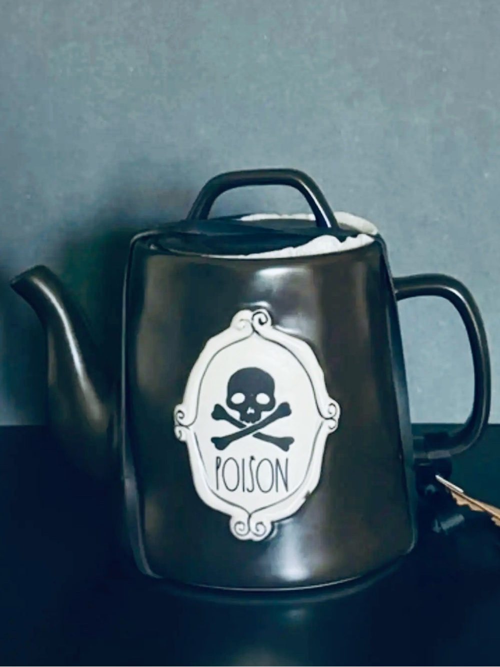 NEW Rae Dunn Halloween poison skull teapot